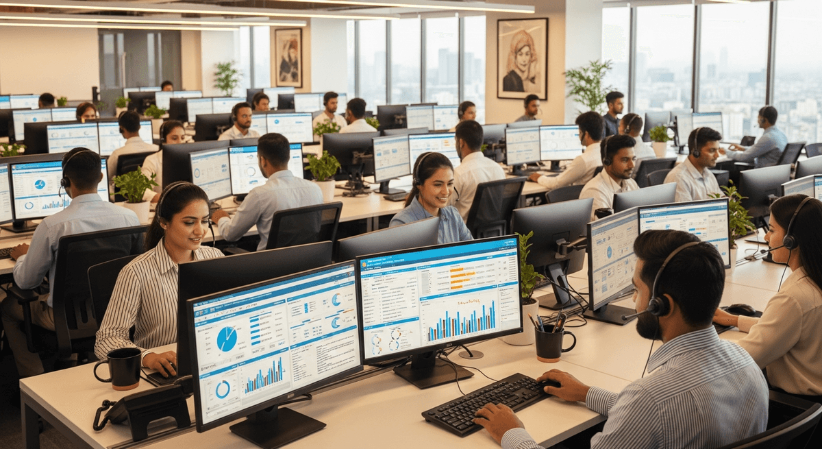 Modern call center in Pakistan with professional agents at workstations